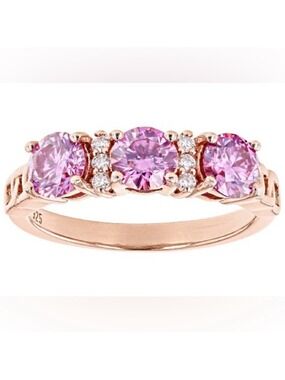 Pink Moissanite Fire® Triple Stone Ring • 14K Rose Gold Over Sterling Silver BBJ
